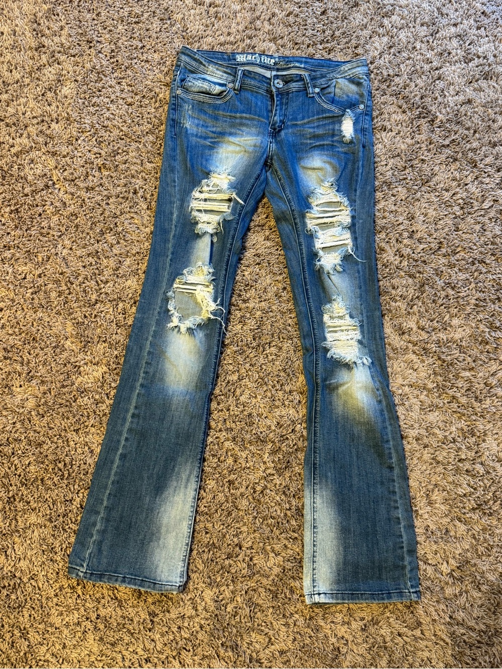 Machine Distressed Blue Flare Jeans
